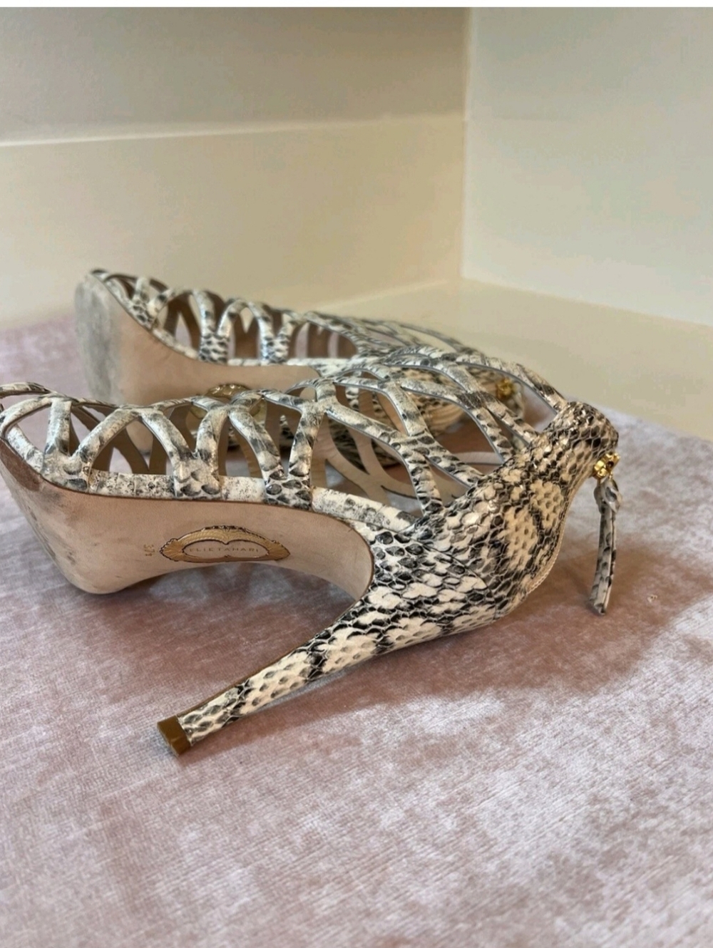 Strappy Snake-Print High Heel Sandals in Beige - Picture 5 of 6